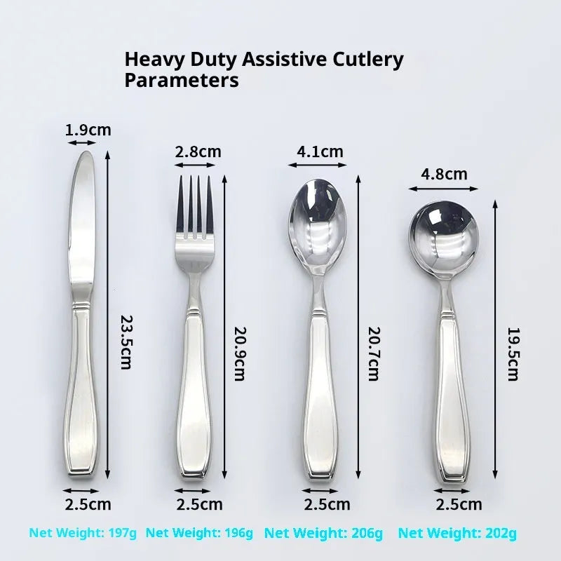 Stainless steel Western-style tableware set with anti-handshaking design including heavy-duty spoon, fork, and knife on a neutral background.