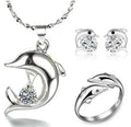 Silver-plated dolphin pendant necklace with mixed gem inlay on O-link chain, 41-50cm, women's Korean-style copper jewellery