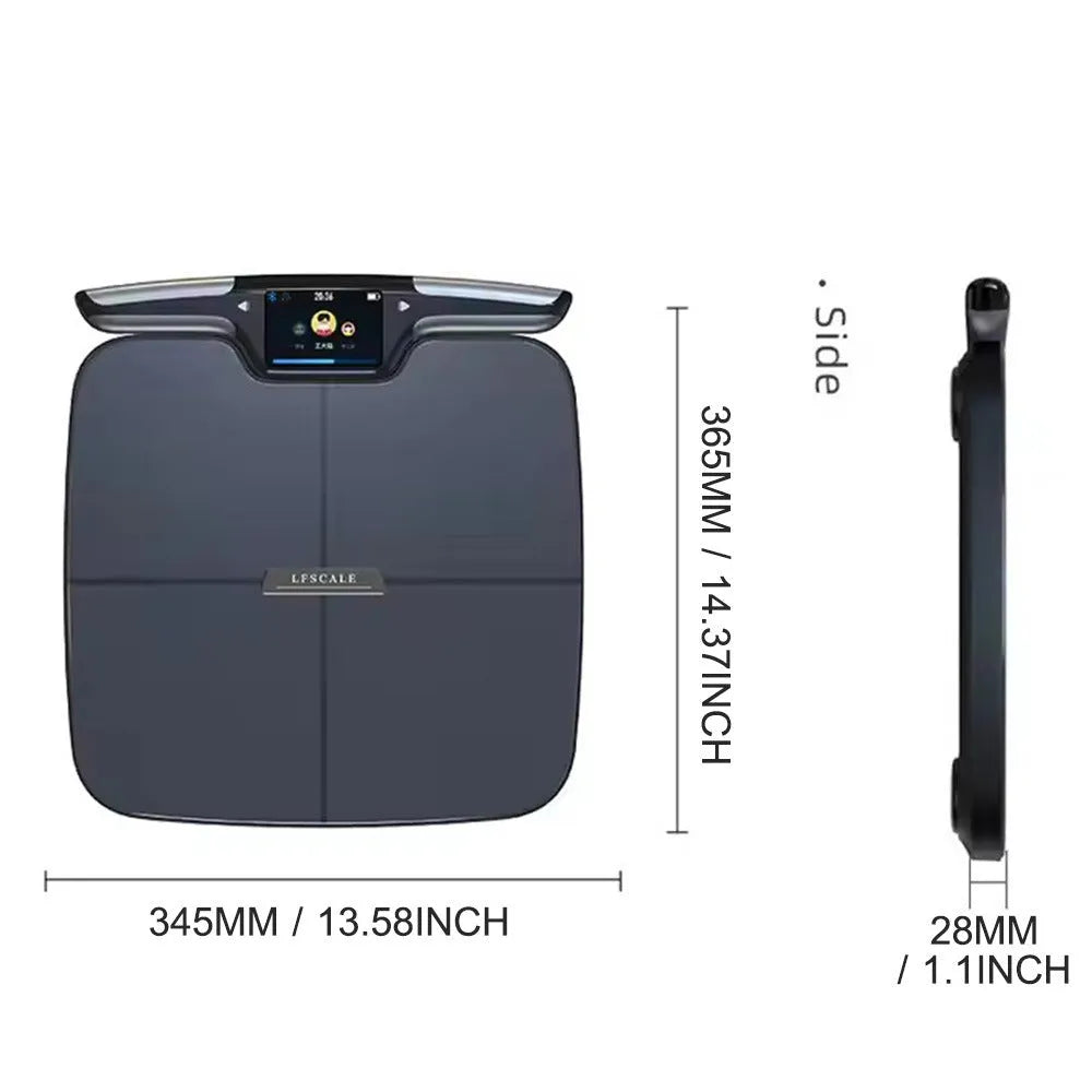 Black eight-electrode body fat scale measuring 45x45cm