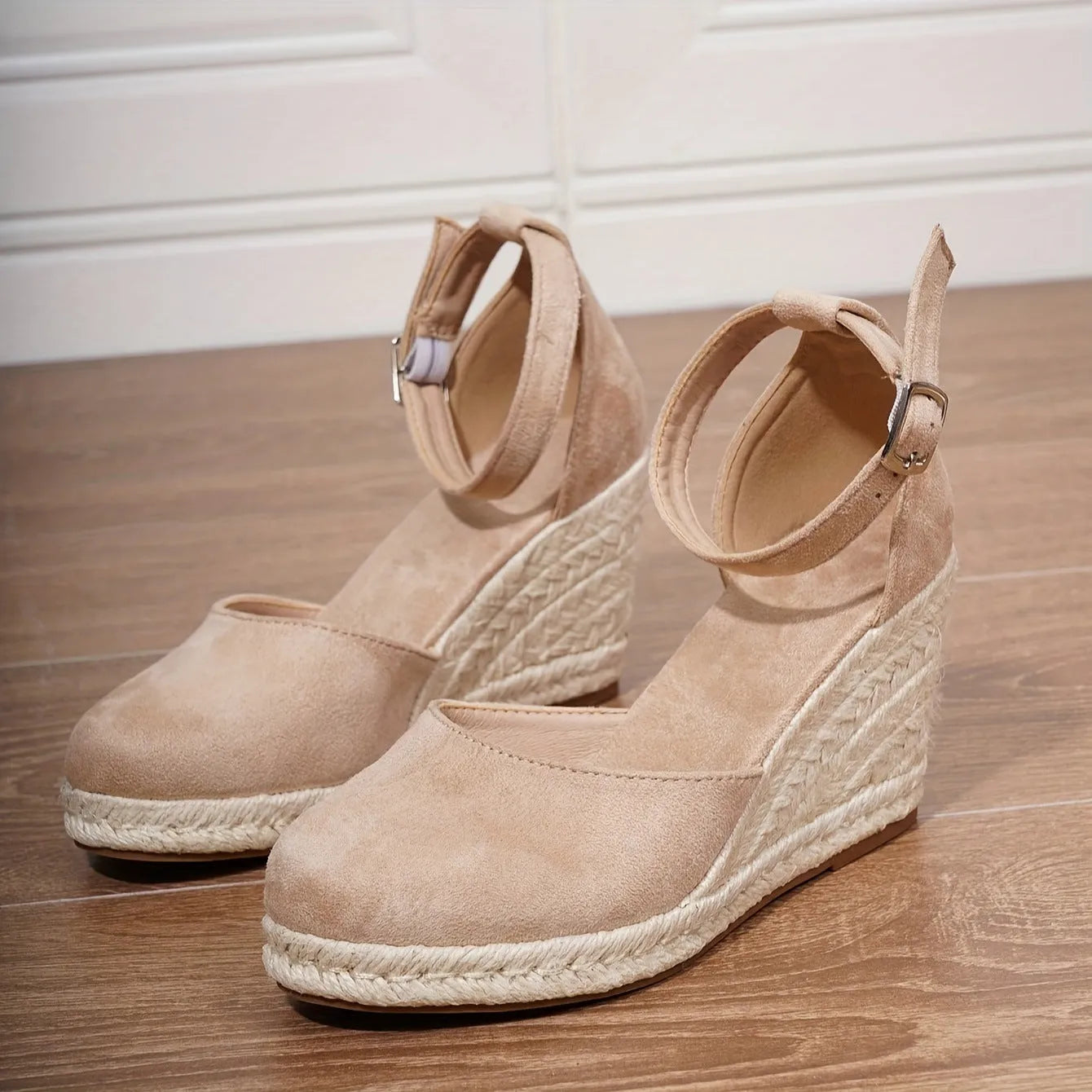 Women's versatile casual canvas wedge sandals in Roman style with buckle closure, suede upper, round toe, in apricot colour