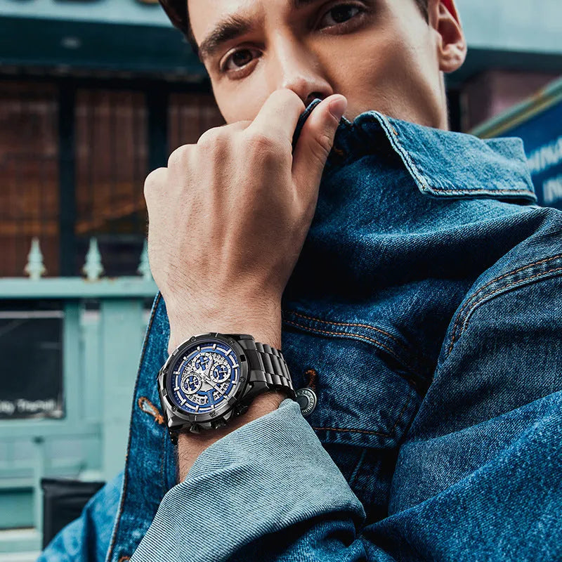 Men's luminous waterproof quartz watch in stainless steel with three colour options