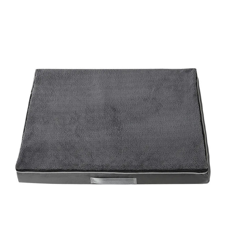 Brown removable washable dog pet mat with memory sponge cushion on wooden floor