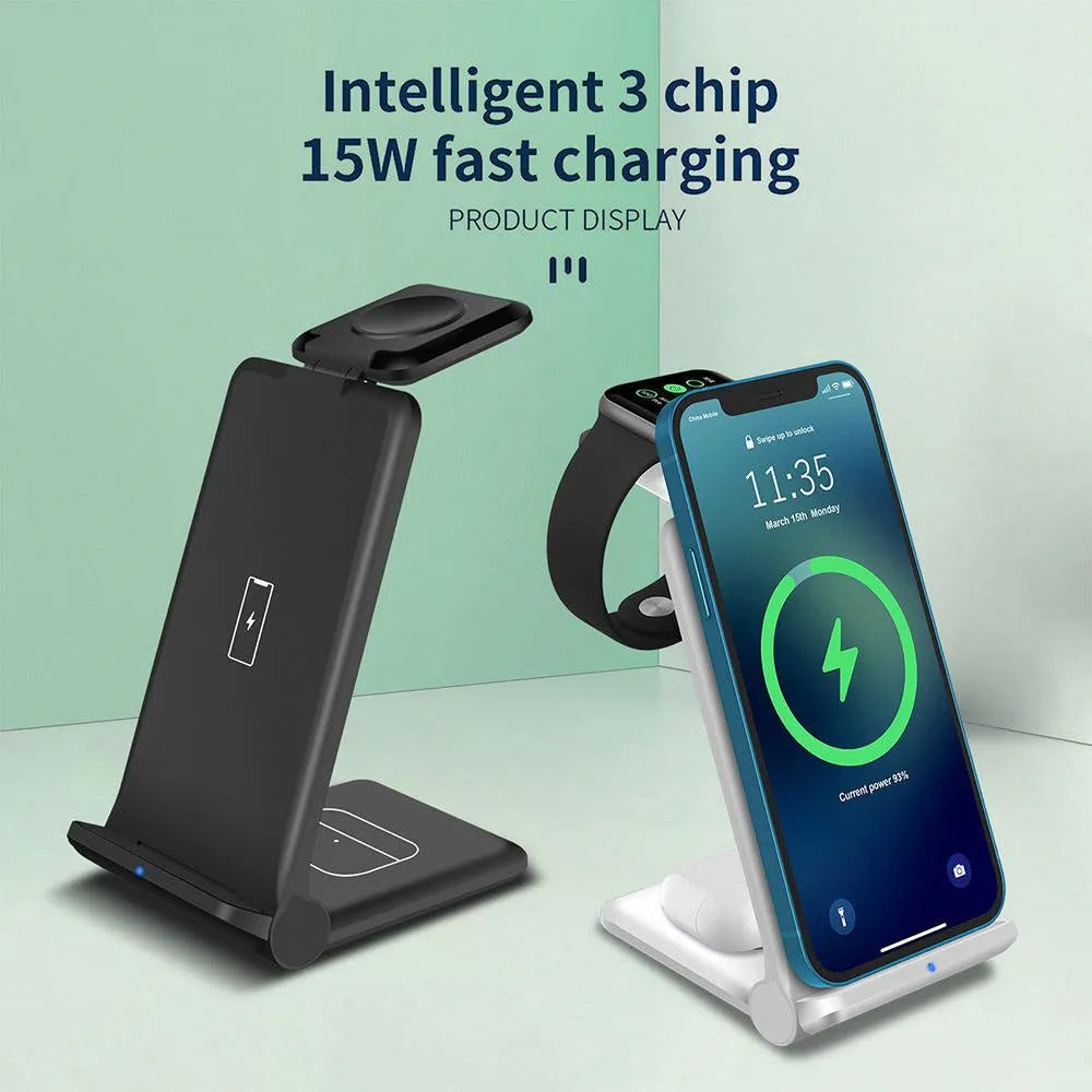 White foldable 3-in-1 wireless charging station dock for iPhone, Samsung phone, Apple Watch, and AirPods.