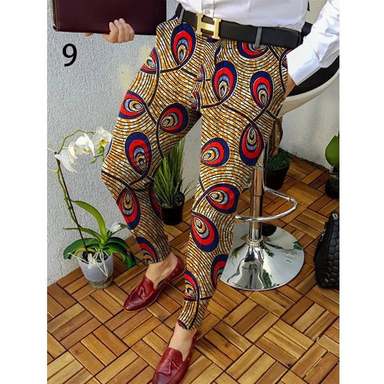 Men's slim-fit plaid casual trousers in a straight-leg style on a neutral background.