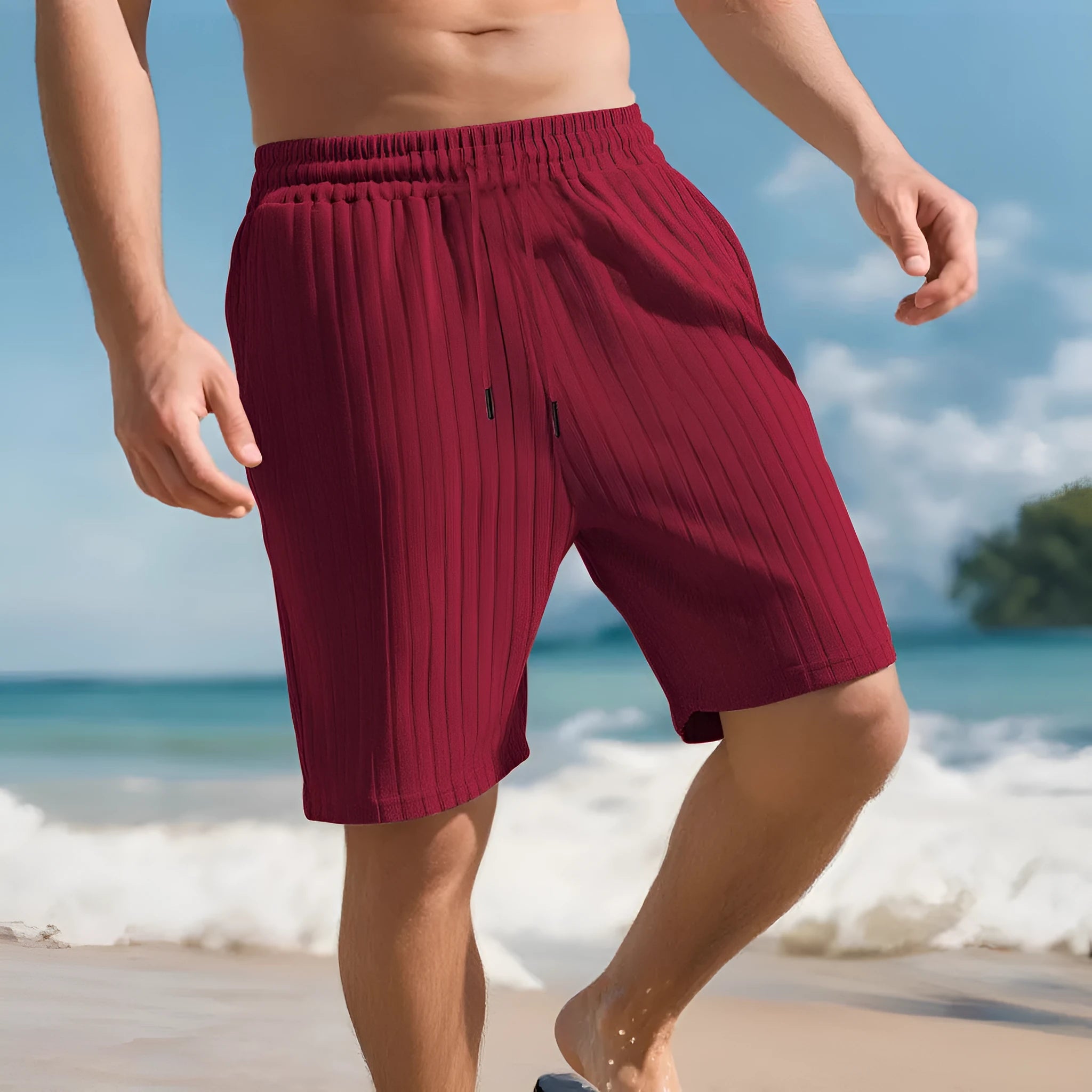 Men's striped linen-blend beach pants in khaki with elastic waist and multi-bag lace detail