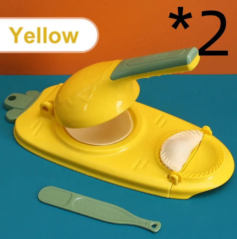 2-in-1 plastic dumpling dough press maker in orange and white, with ergonomic handle and hanging hole for storage