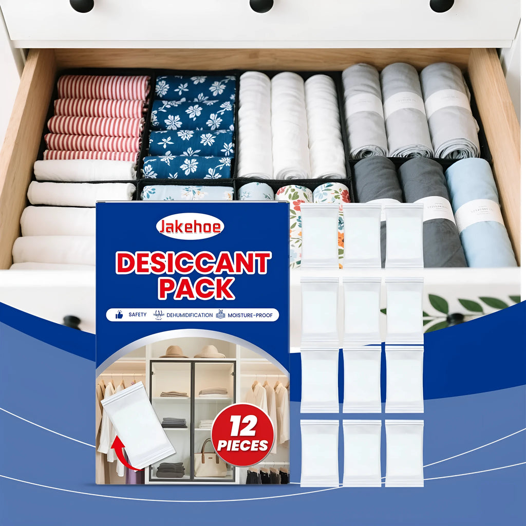 Pack of 12 white calcium chloride desiccant sachets for household moisture control.