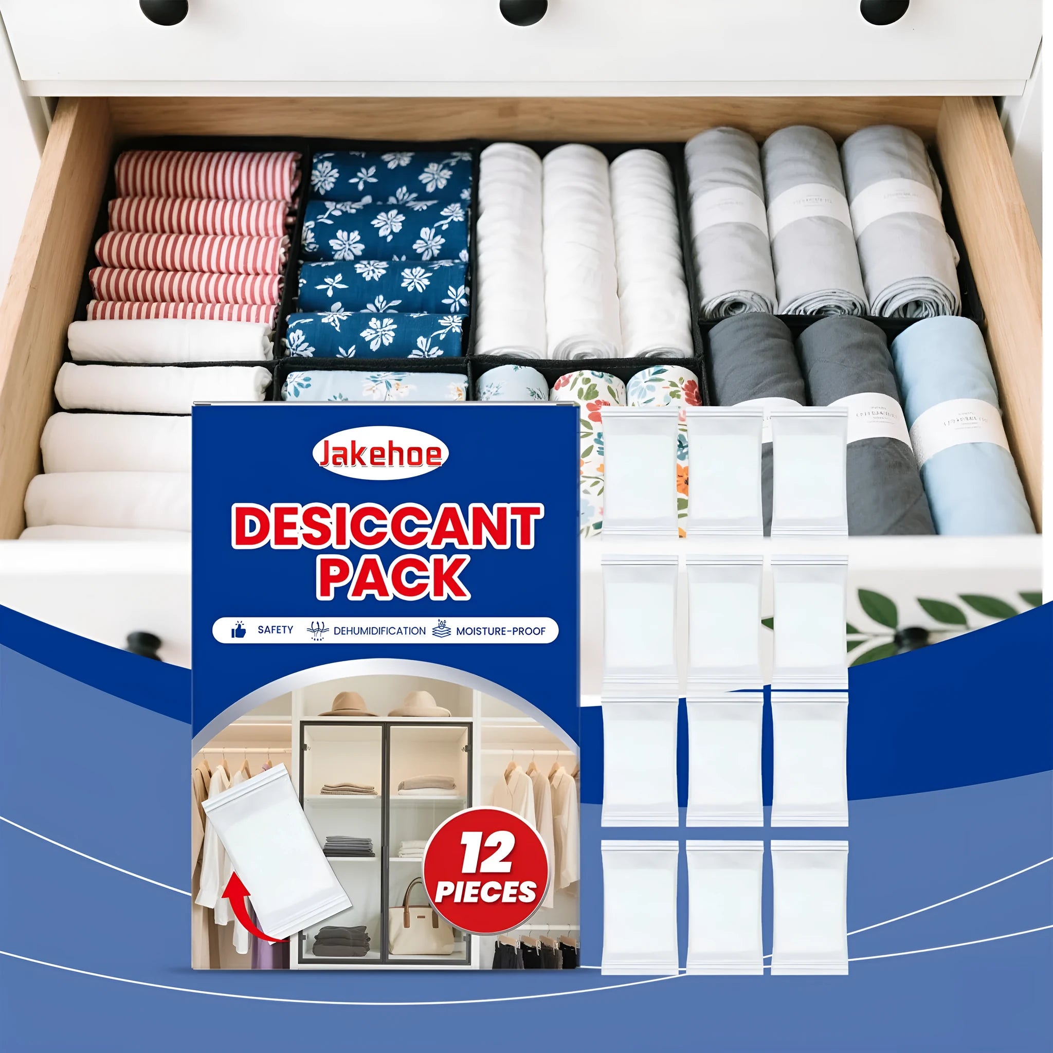 Pack of 12 white calcium chloride desiccant sachets for household moisture control.