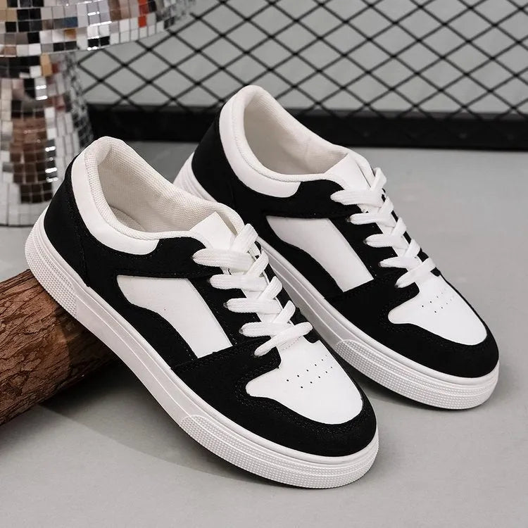 Black rubber sole casual women's sports shoes low top flat heel round toe lace-up shallow mouth