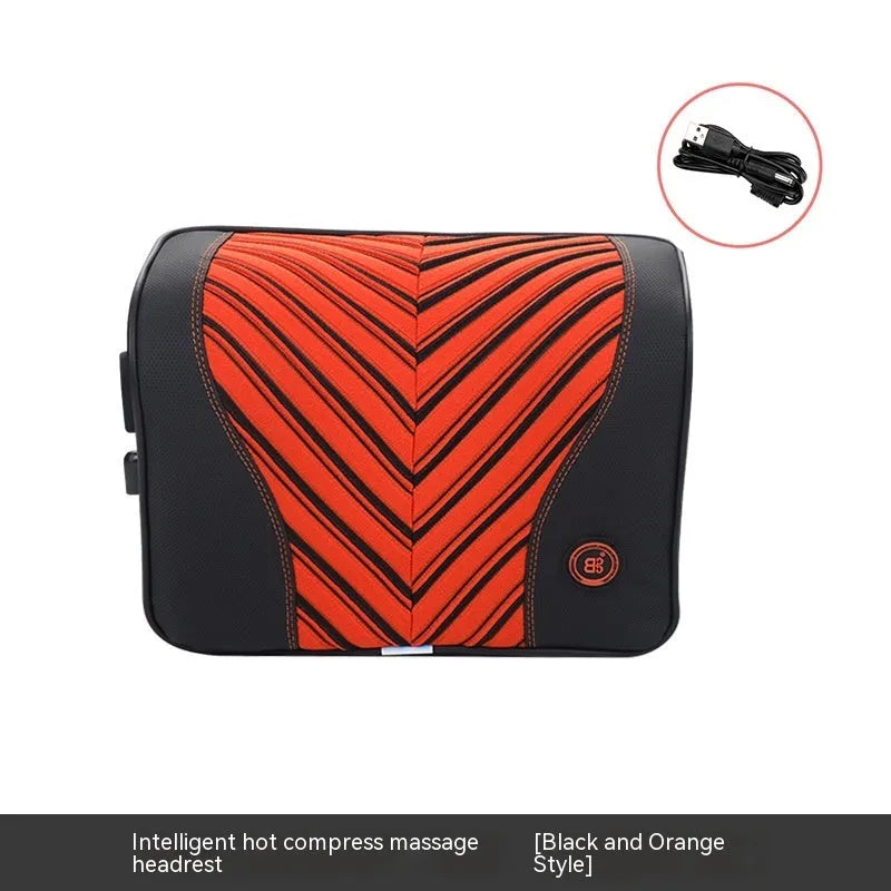 Car electric massage heating headrest lumbar support pillow with memory foam in black and orange