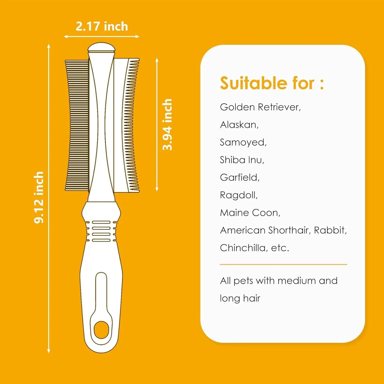 White double-sided pet grooming brush showing comb and deshedding sides, with ergonomic anti-slip handle.