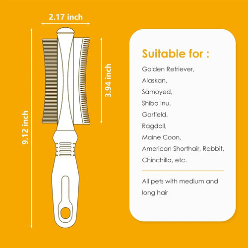 White double-sided pet grooming brush showing comb and deshedding sides, with ergonomic anti-slip handle.