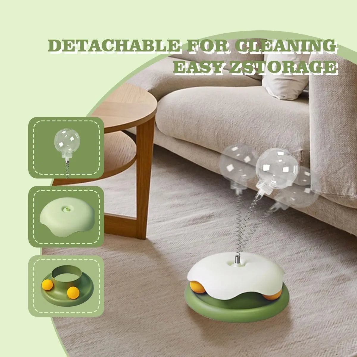 Blue and green PP plastic cat treat dispenser toy with track ball showing detachable components