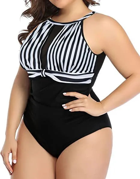 Women's black one-piece swimsuit with lace detailing, shown alongside red flower and striped pattern options.