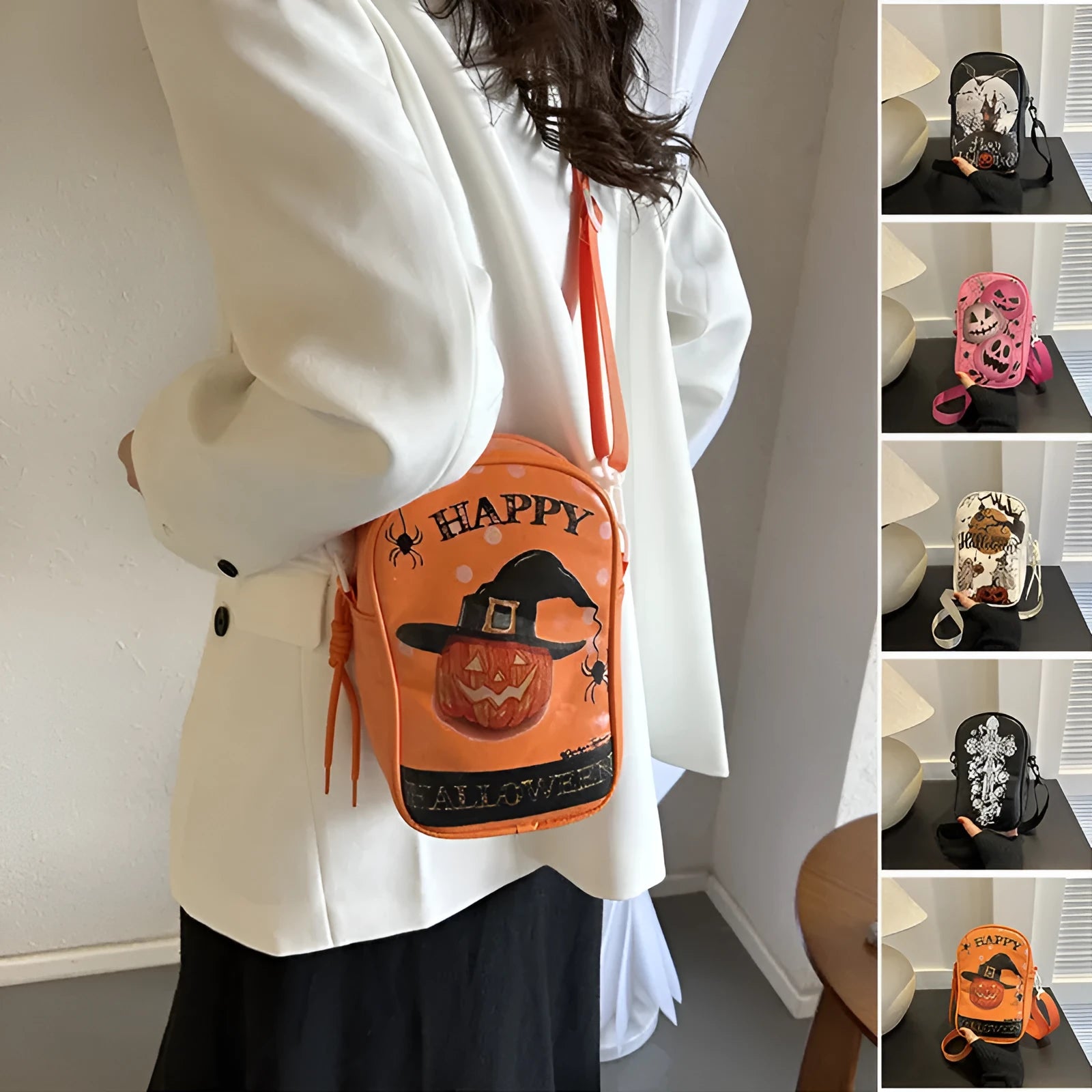 Halloween graffiti print crossbody phone bag with pumpkin ghost bat design in PU material