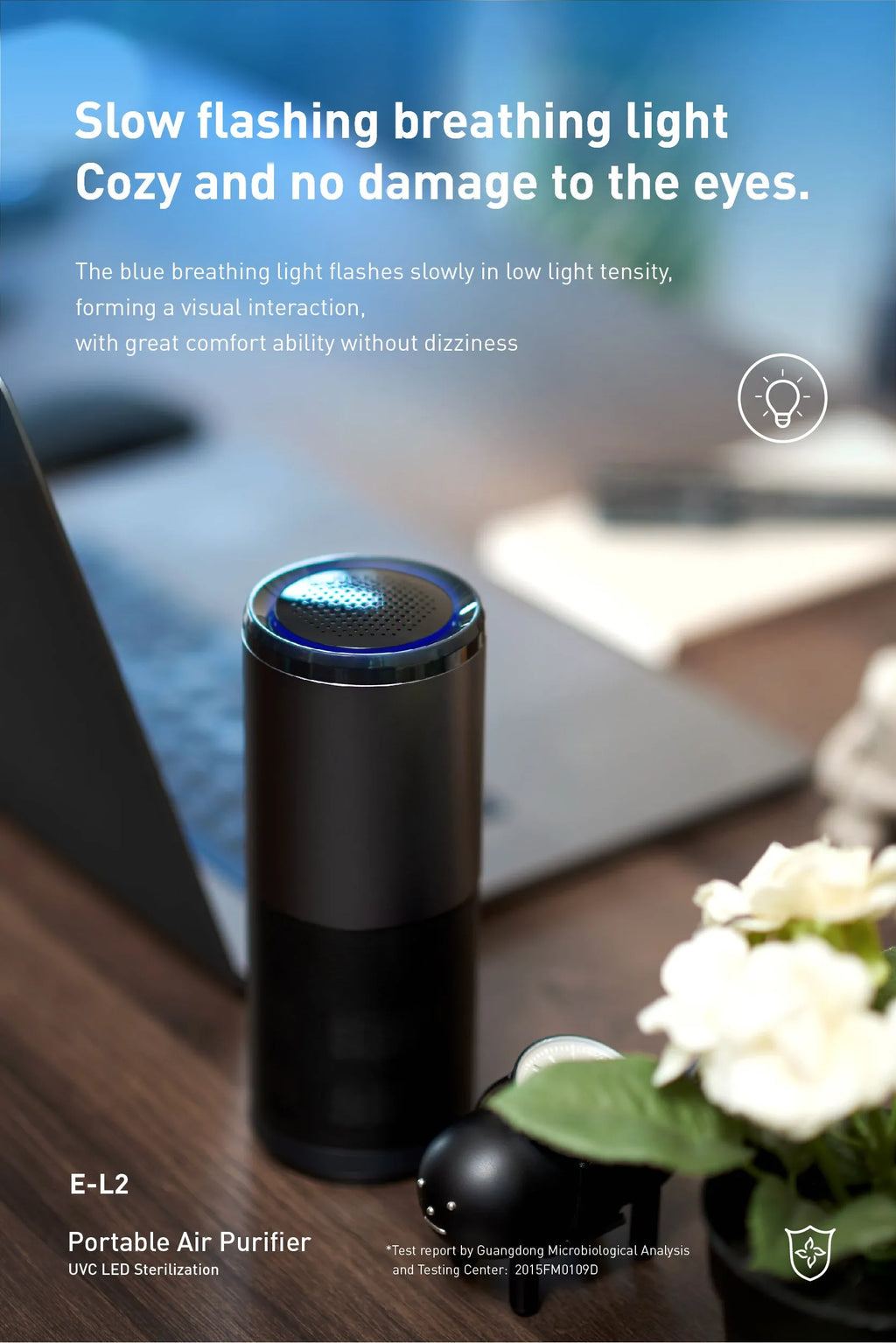 Black portable mini car air purifier with USB cable and smart sensor display