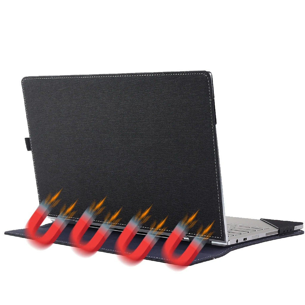 Black imitation leather Microsoft laptop protective sleeve with bracket design and Chinese craft fabric detailing