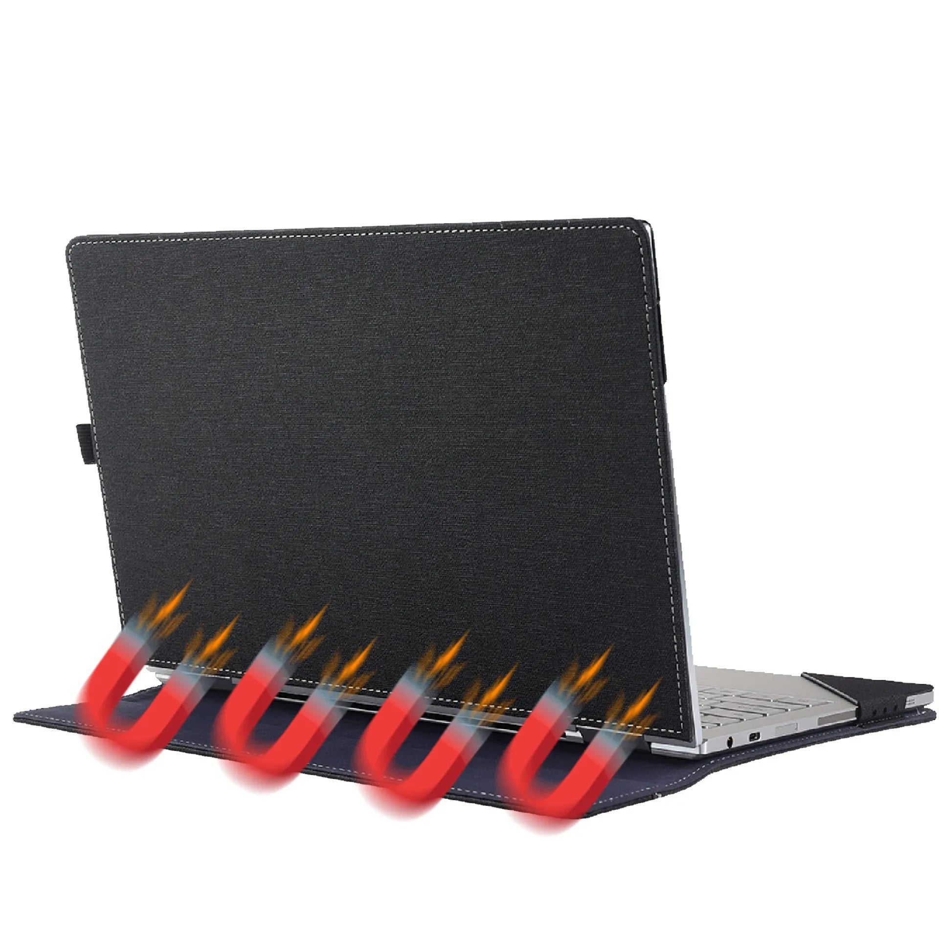 Black imitation leather Microsoft laptop protective sleeve with bracket design and Chinese craft fabric detailing