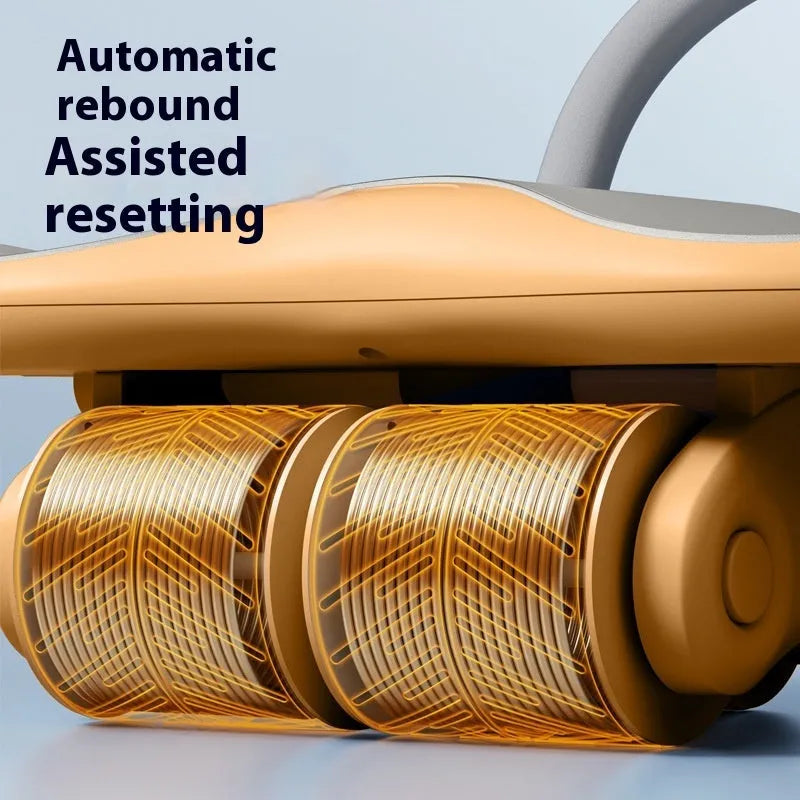 Three-wheel abdominal exercise roller with automatic rebound, black, with kneel pad on a floor