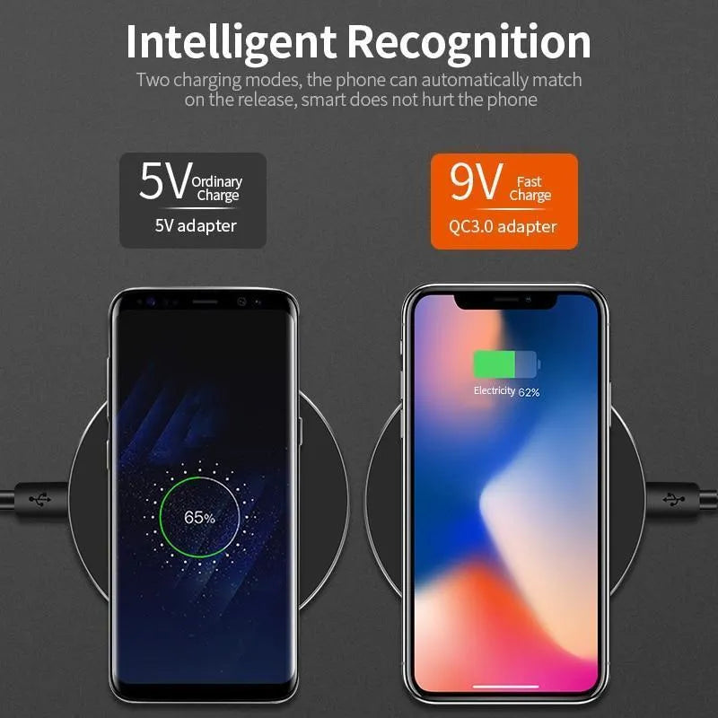 Black ultra-thin wireless charging base with 98mm square design for QI smartphone charging