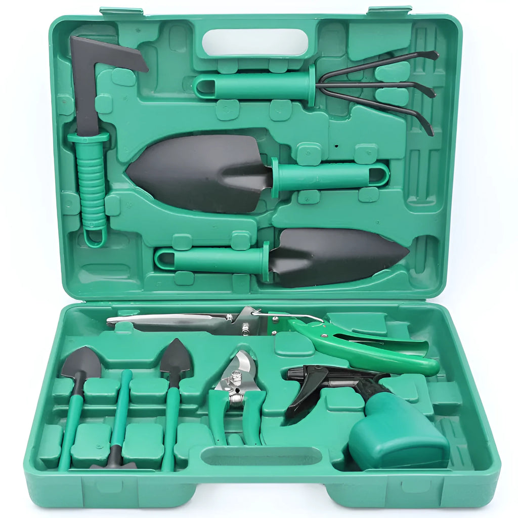 Ten-piece gardening tool set with iron heads and green plastic handles on a wooden background