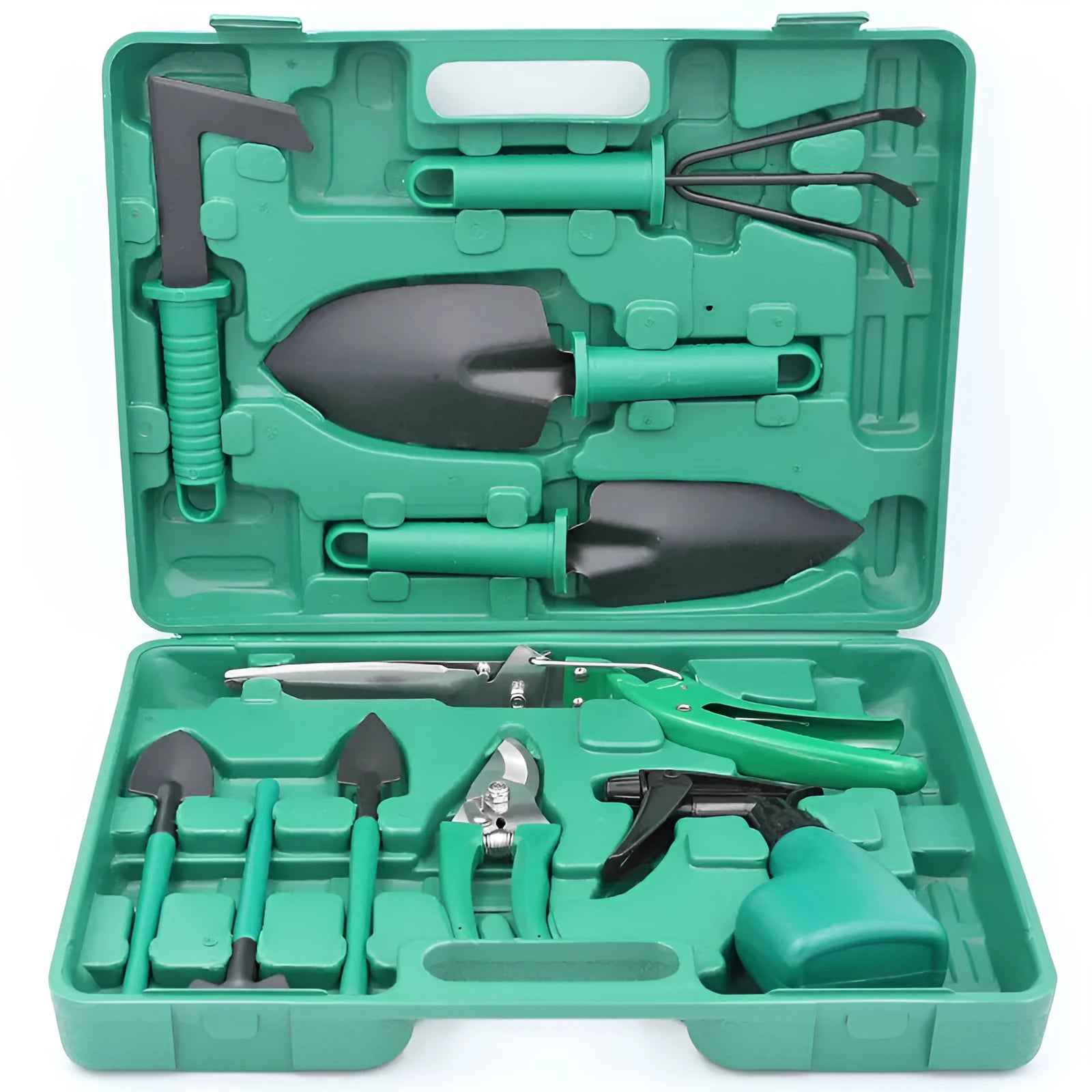 Ten-piece gardening tool set with iron heads and green plastic handles on a wooden background