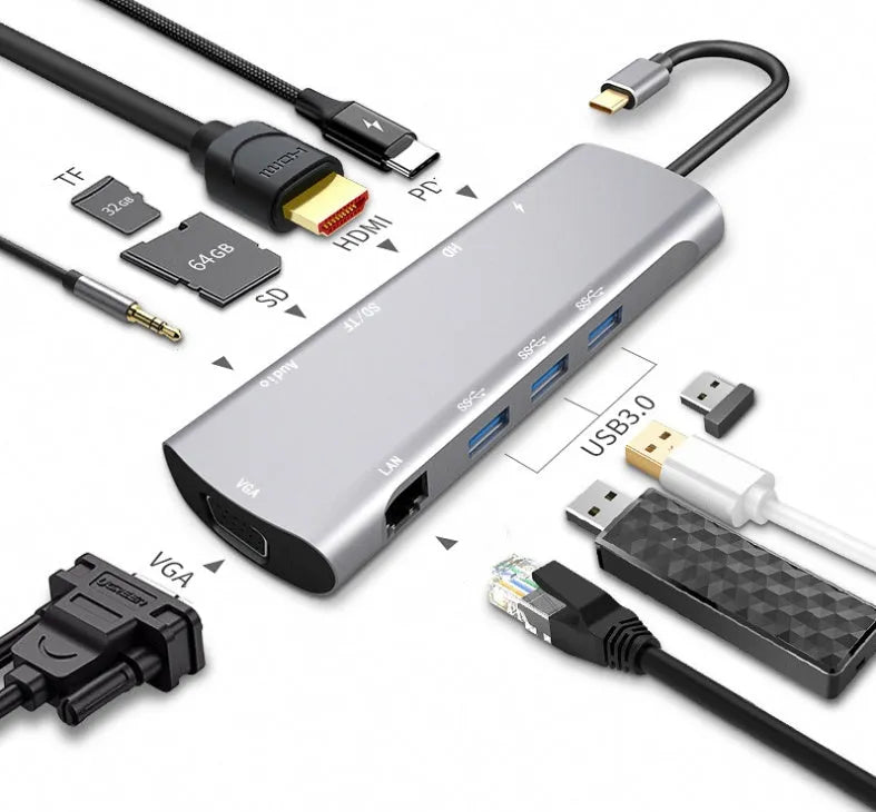 Grey aluminium USB-C docking station with HDMI, VGA, USB 3.0, and charging ports