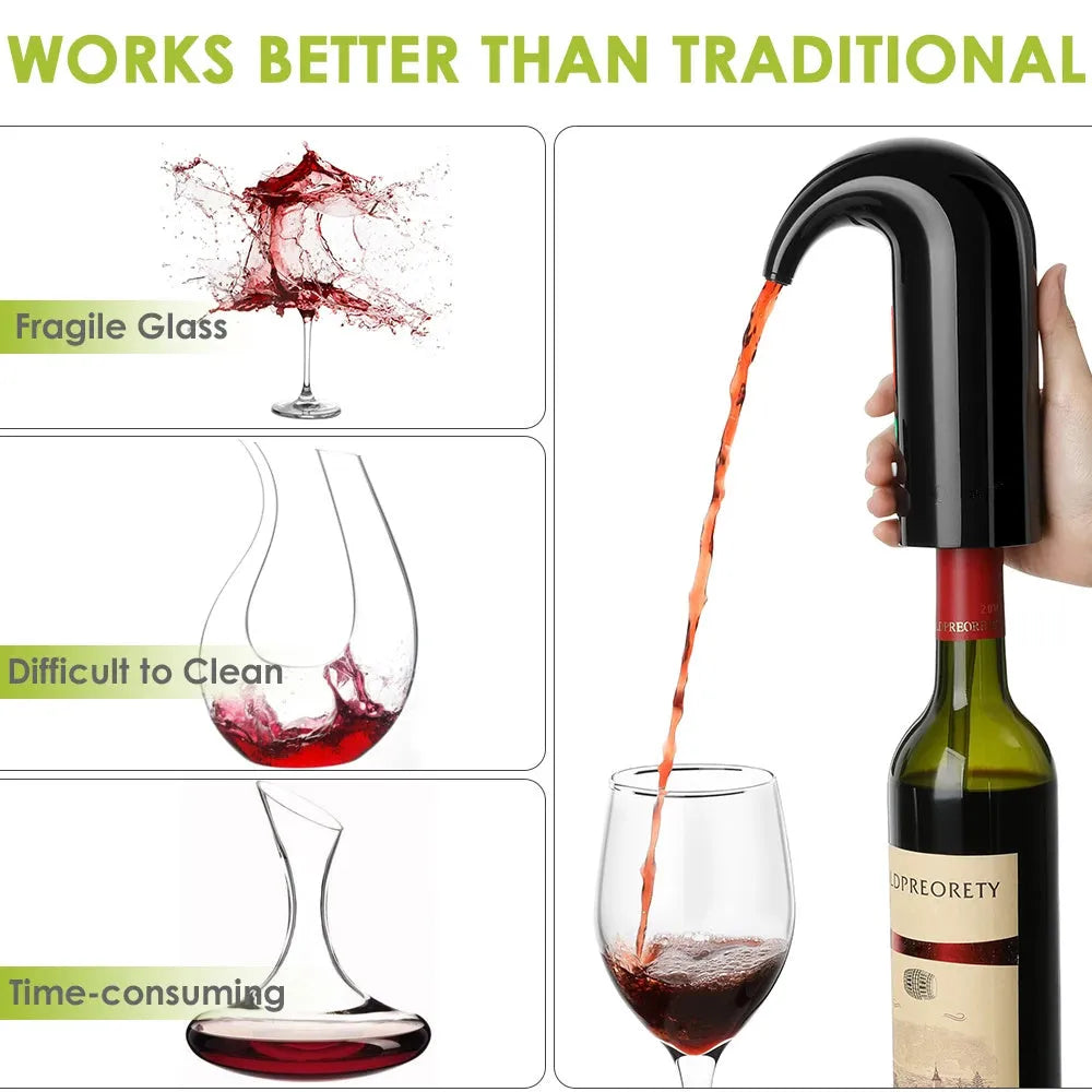 Portable electric wine decanter in black with red light, ABS and silicone body, on a table next to a wine glass