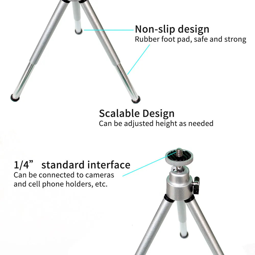 Black universal mini flexible tripod stand with extendable legs and phone clip for cameras and smartphones