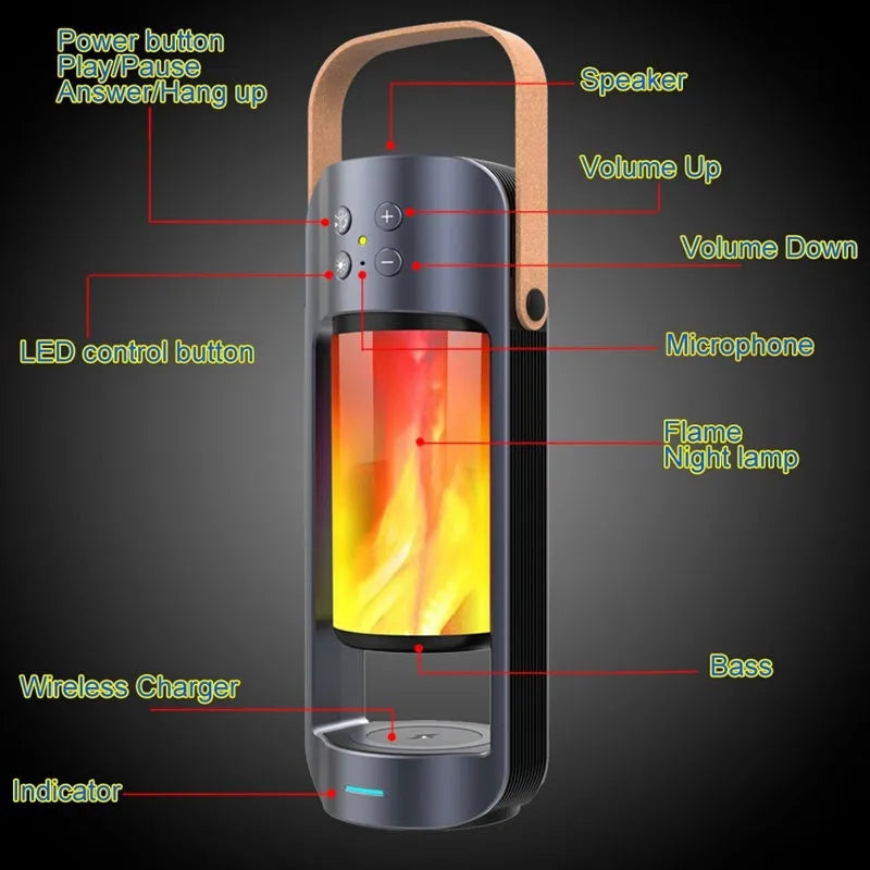Portable Bluetooth speaker with warm yellow dancing flame light showing realistic campfire effect