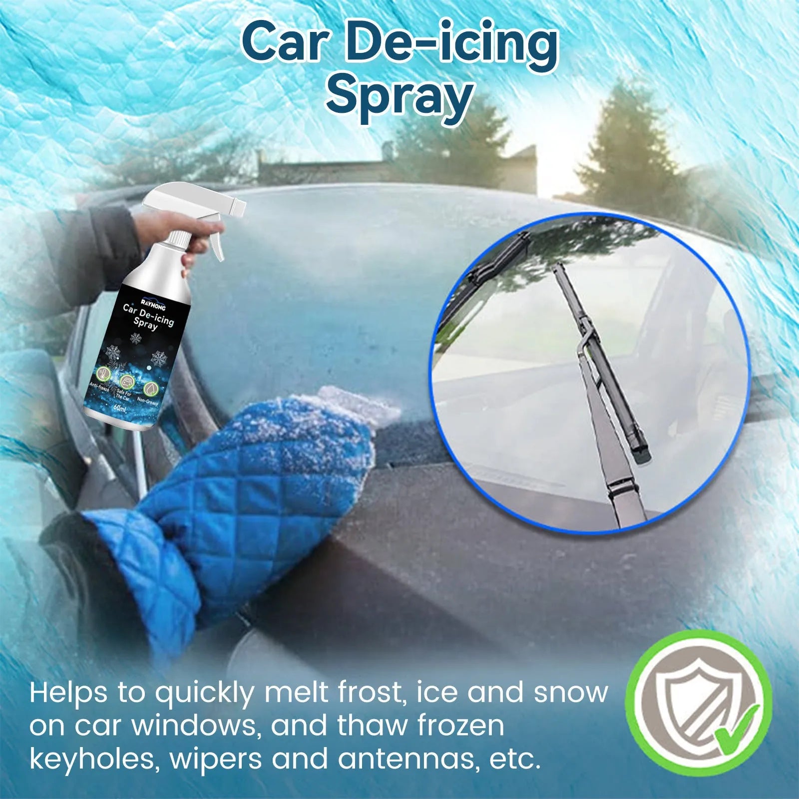 Car window deicing snow melting agent 60ml spray bottle with blue label