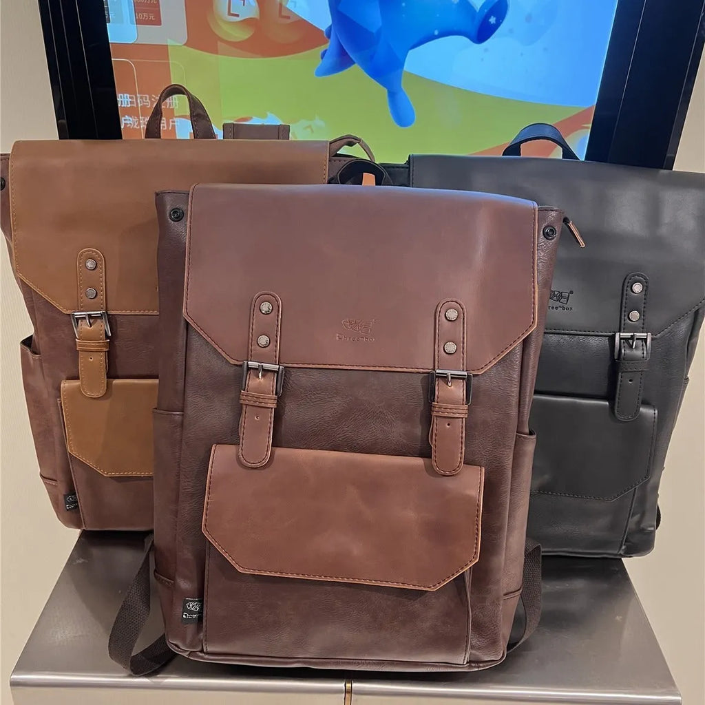 Unisex backpack large capacity PU leather solid colour black brown travel business college