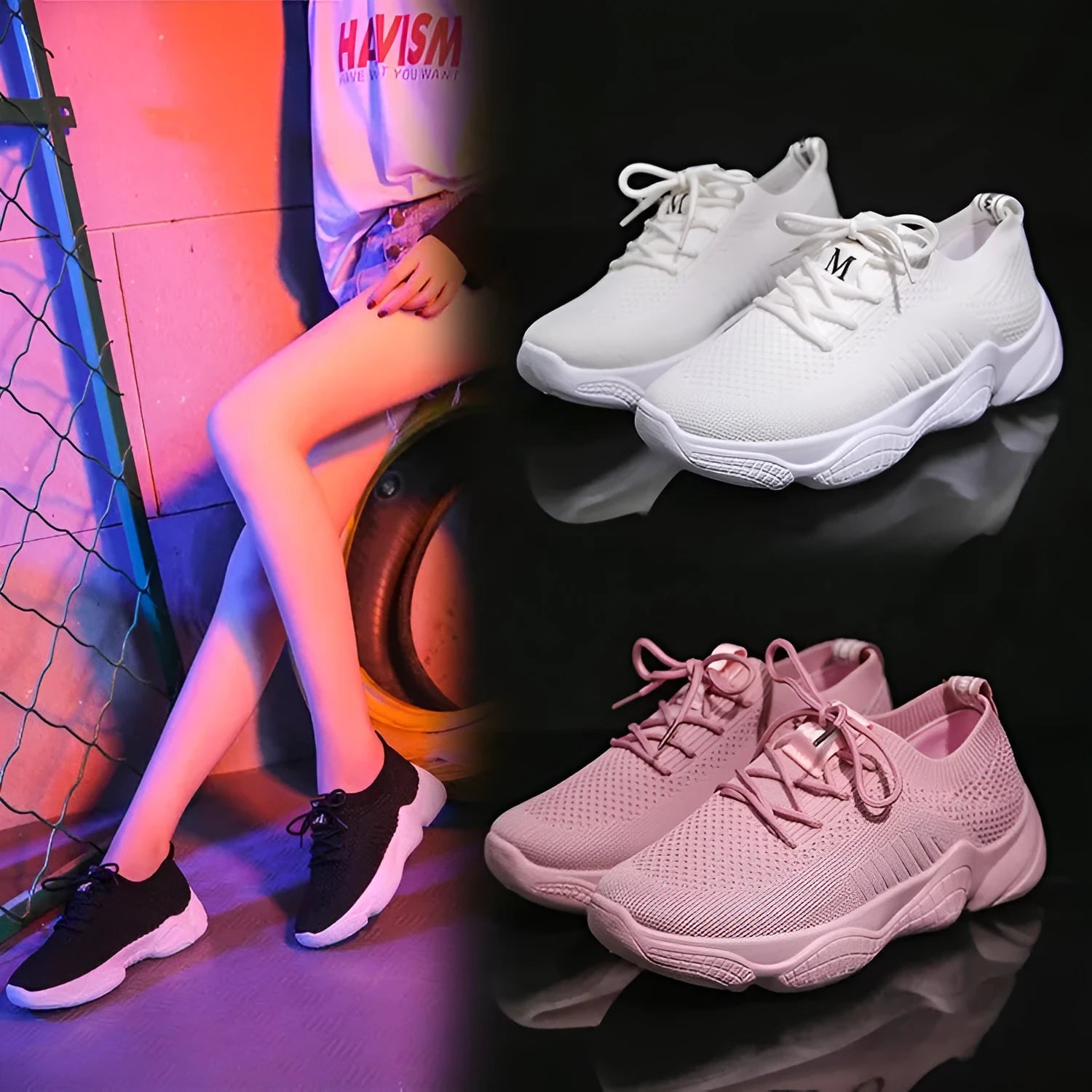 Women's white thick-soled casual sports shoes with flying woven upper and front strap.