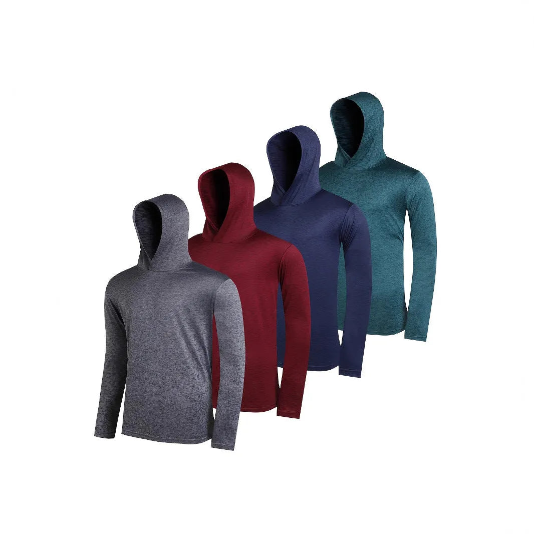 Men's lightweight polyester hoodie set showing multiple pieces in various colours