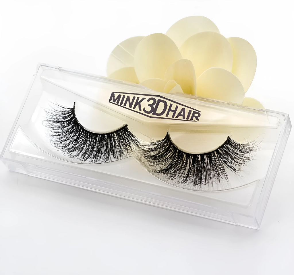 Handmade 3D mink full strip false eyelashes in style A01 against a white background