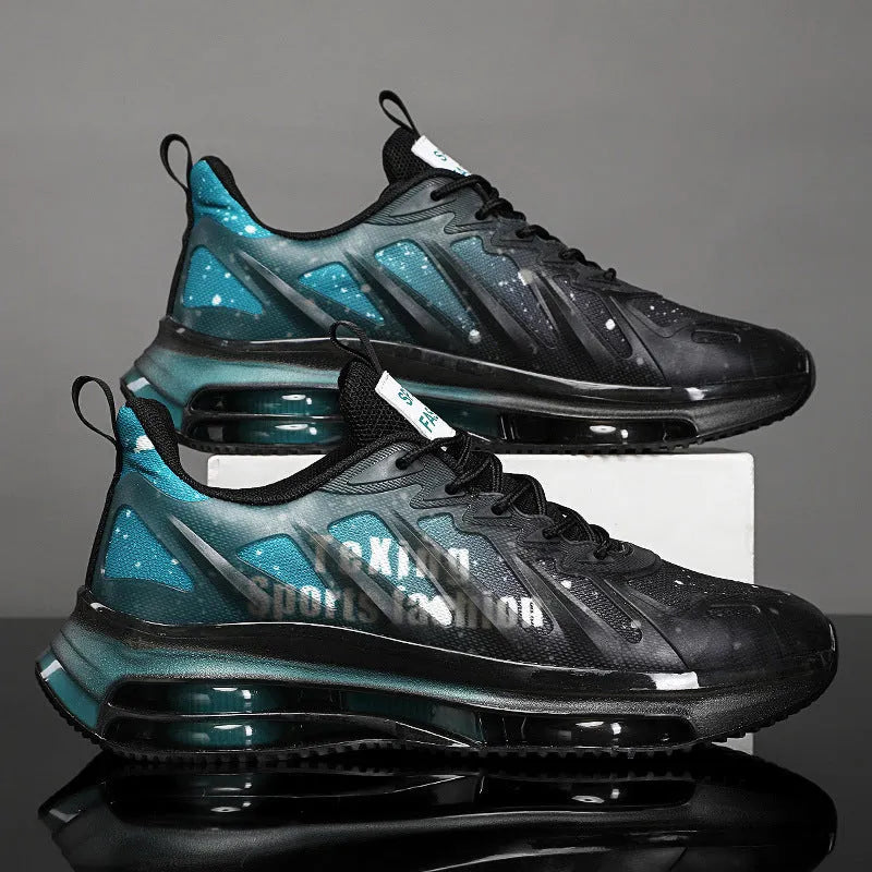 Men's casual platform running shoes in black-green colour with mesh upper and rubber sole