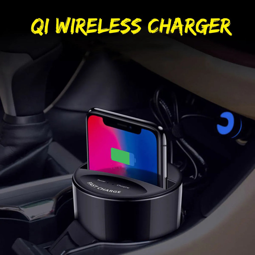 X9 car wireless charging cup in black with LED indicator and QI charging pad