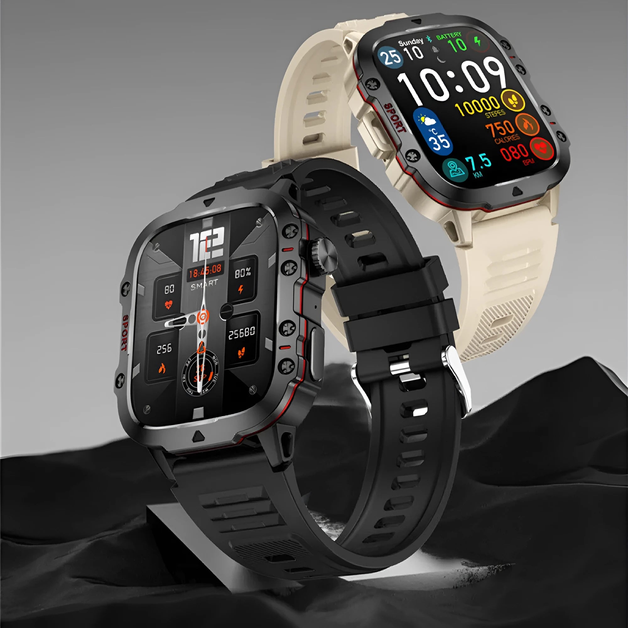 QX11 smartwatch in black or khaki with zinc alloy case, showing TFT screen displaying health data.