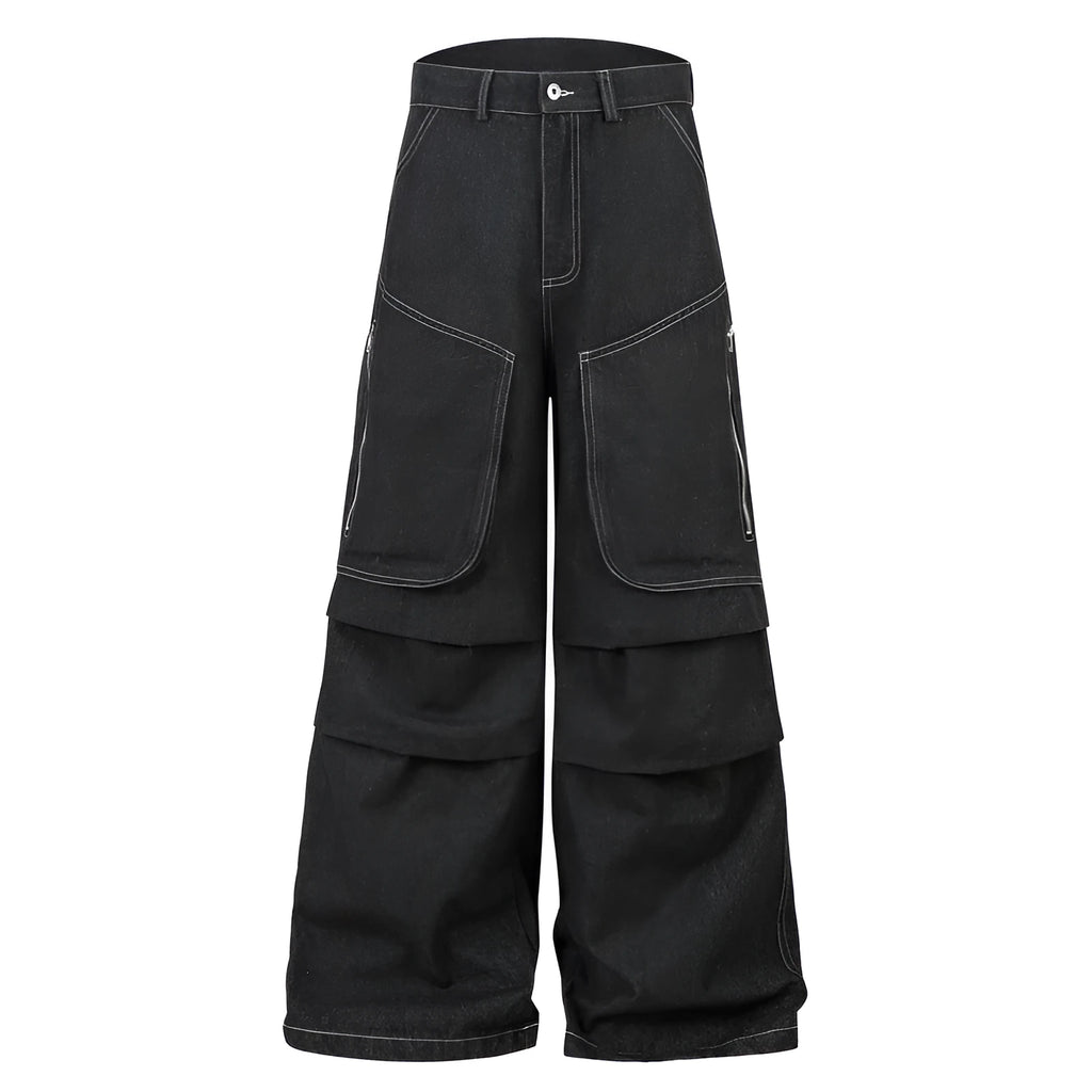 Black multi-pocket pleated workwear jeans made from cotton denim, mid-waist, zip placket, on display for teenagers
