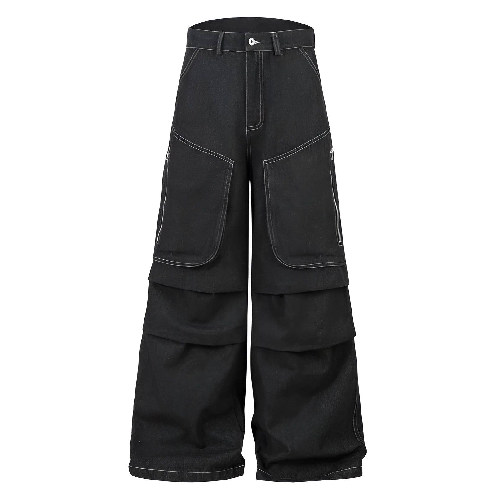 Black multi-pocket pleated workwear jeans made from cotton denim, mid-waist, zip placket, on display for teenagers