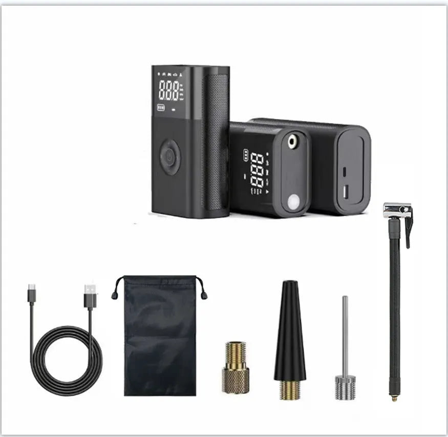 Wireless digital handheld tyre inflator pump with LCD display and multiple adapter attachments