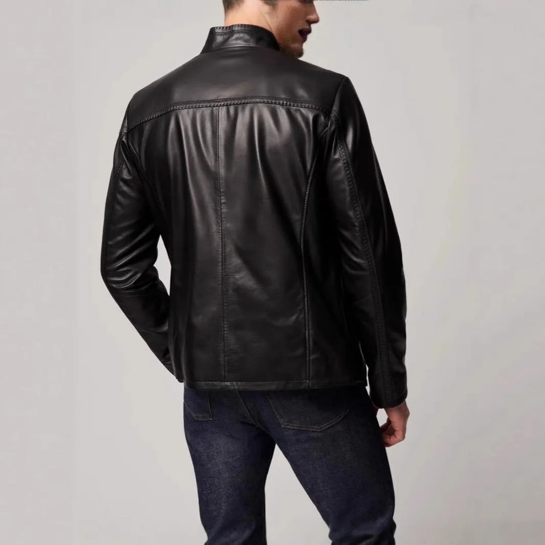 Men's retro black polyester fibre leather-style jacket, regular fit, long sleeves, straight hem, front view