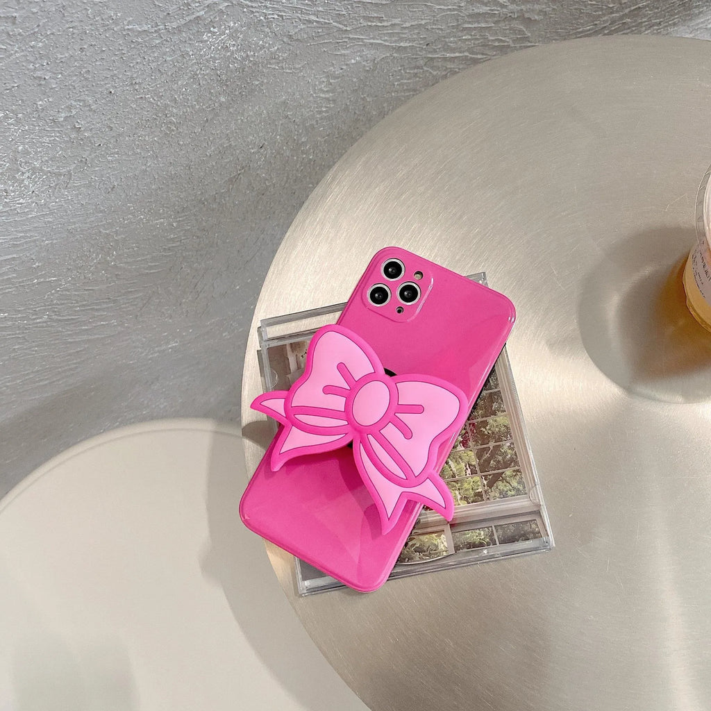 Rose Red TPU phone case with pink bow and kickstand for Apple iPhone