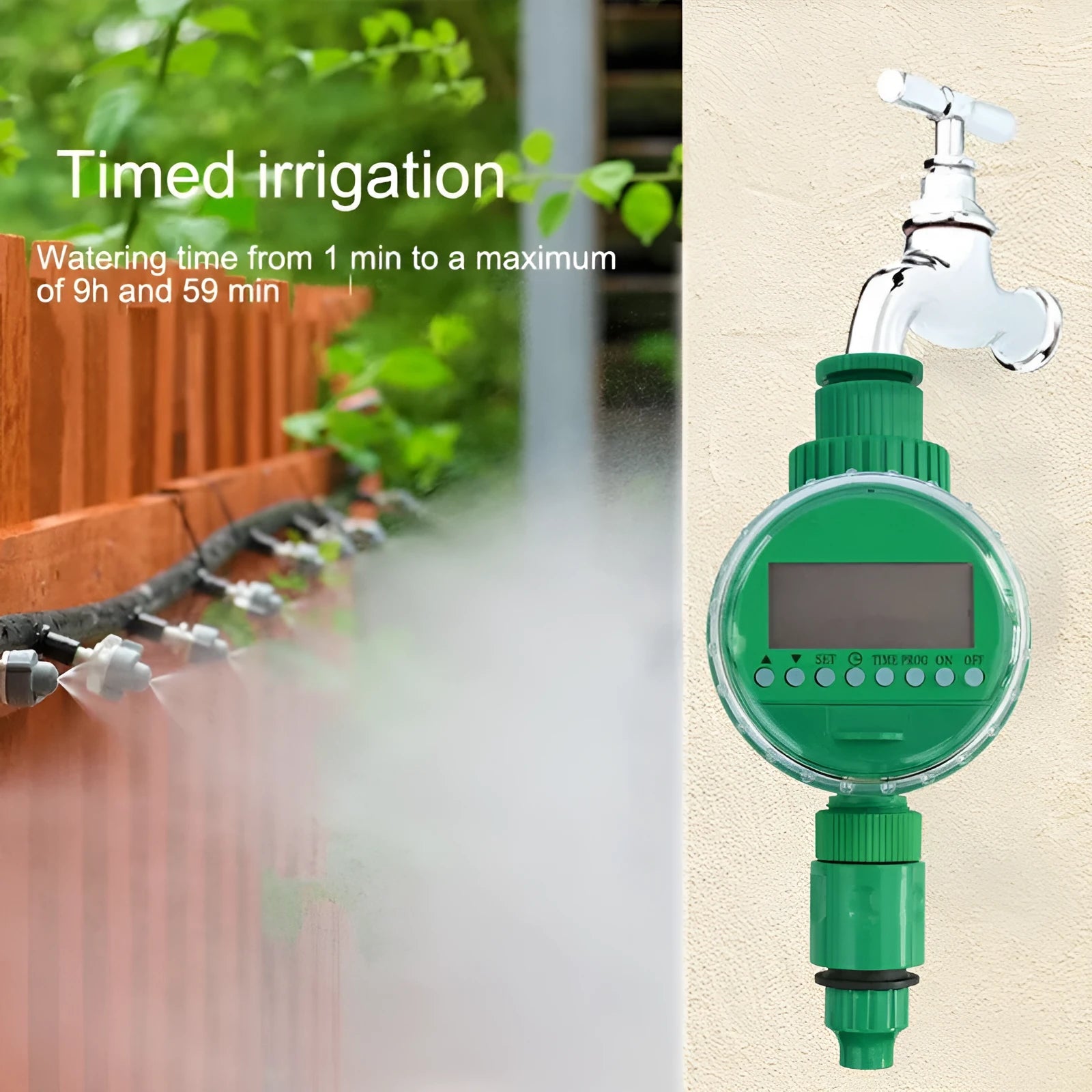 Automatic watering timer in green for drip irrigation with dial interface and brass connectors
