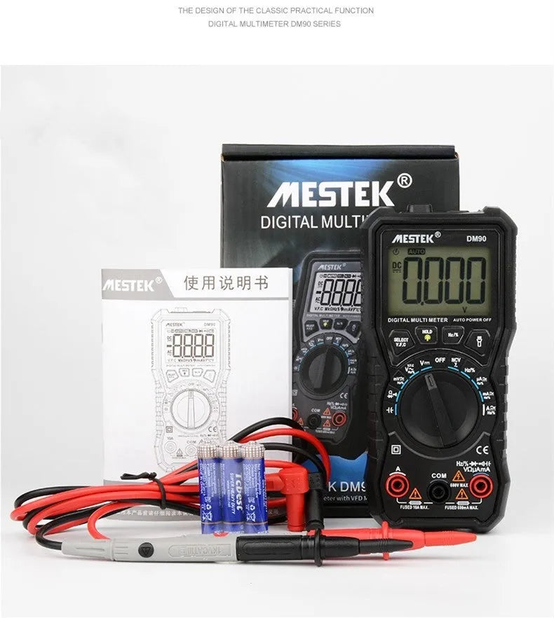 DM90A digital multimeter with display showing readings, includes test leads for electrical and temperature measurement.