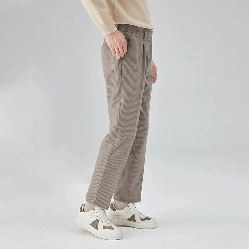 Men's straight-leg corduroy trousers in loose fit showing black, beige and brown grey colour options