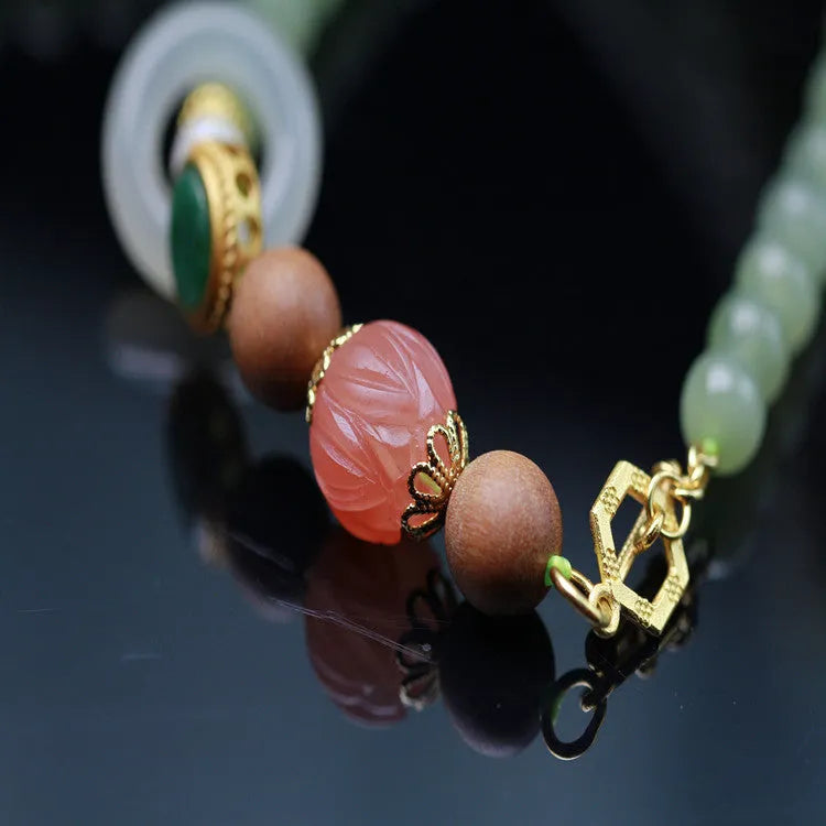 Natural Hetian jade hand red lotus beads white sandalwood beeswax necklace unisex with fu character and zodiac motifs, 10mm lotus beads