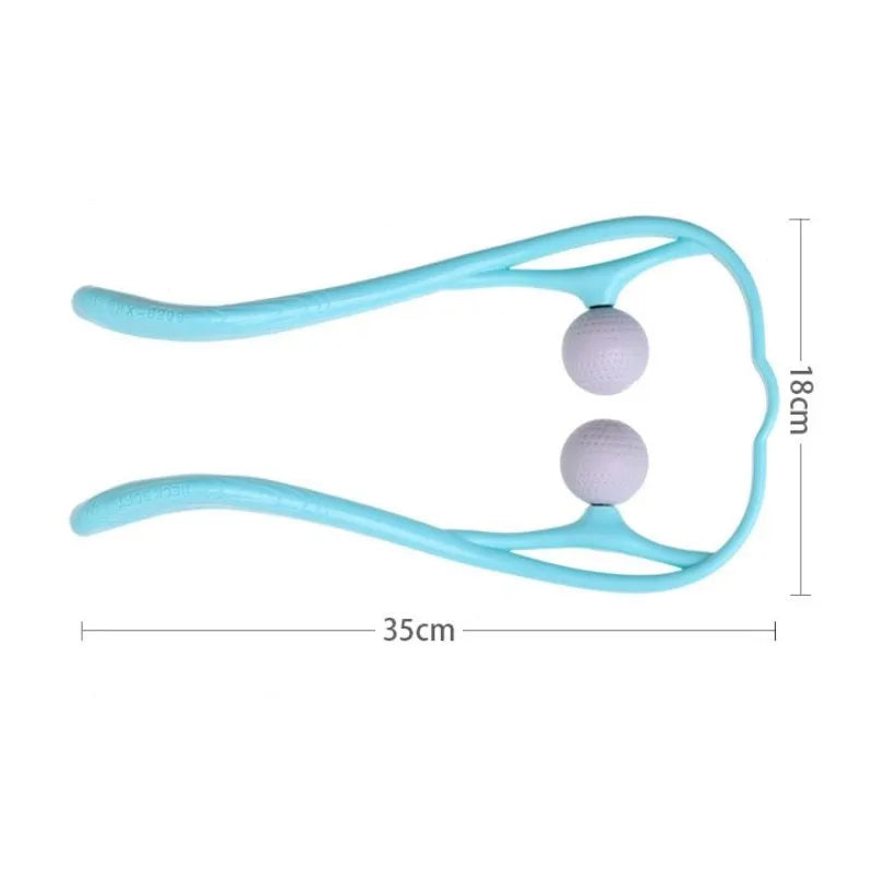 Blue plastic swan-shaped handheld neck massager with a flexible stand on a white background.