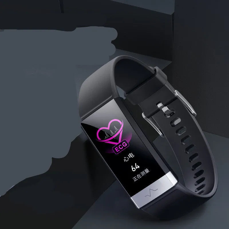 V19 smart fitness bracelet with colour screen, shown in black, blue, and red colour options on a wrist.