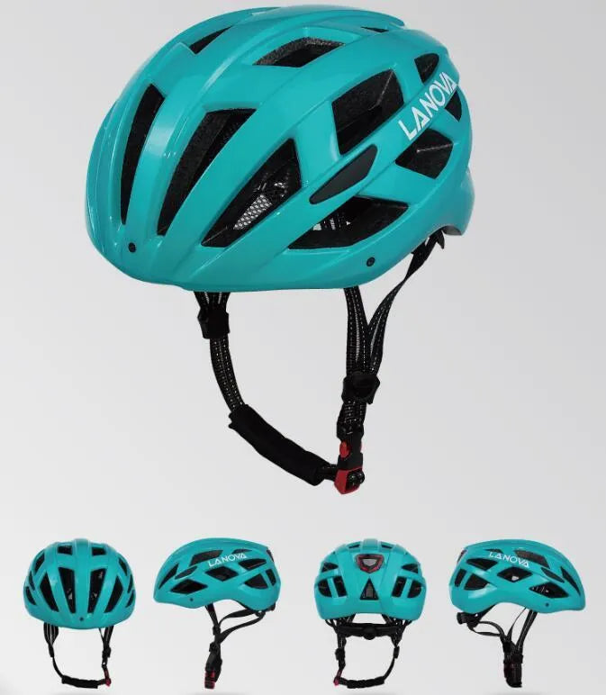 Unisex one-piece bicycle helmet with warning light, PC EPS construction, 23 air vents, matte black finish